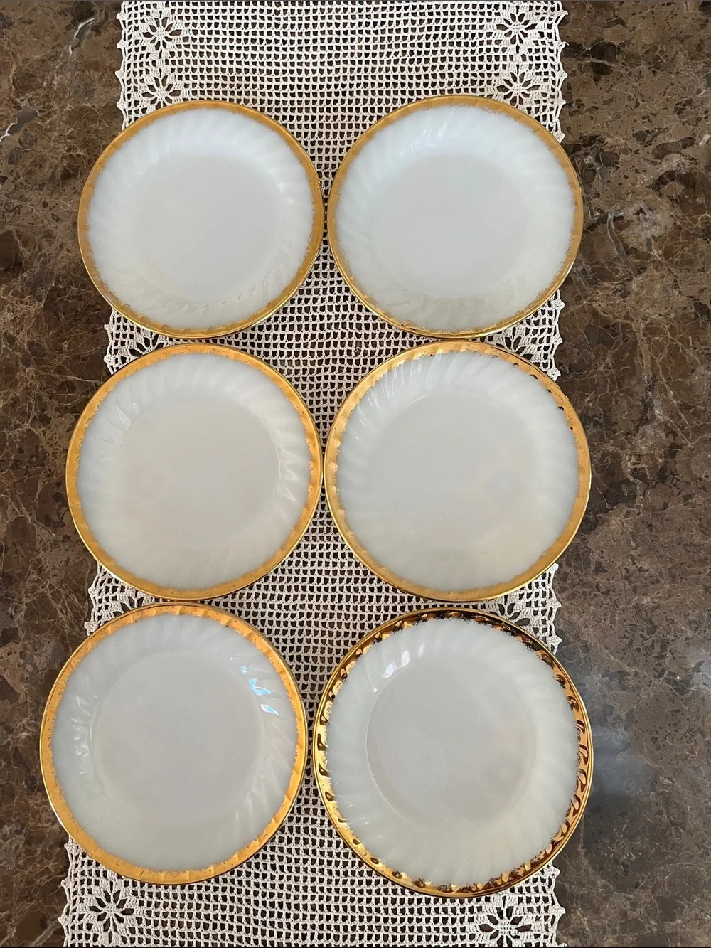 VTG FIRE KING Golden Swirl White Milk Glass Salad Dessert Lunch Plates ~Set of 6